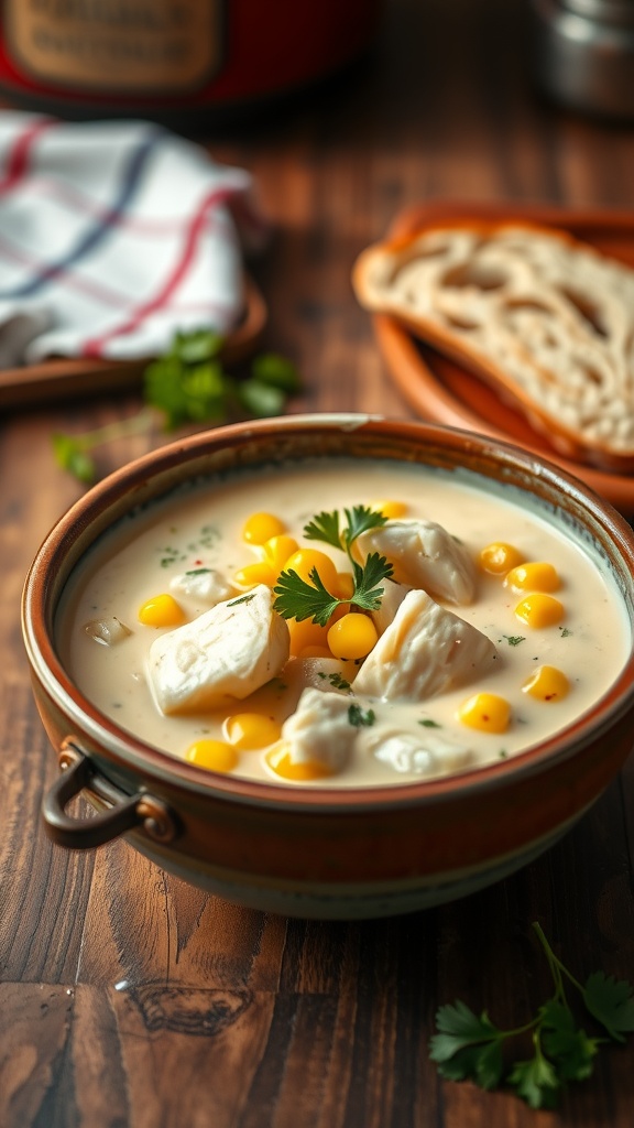 Creamy sea bass chowder with corn in a rustic bowl, garnished with parsley, on a wooden table with bread.